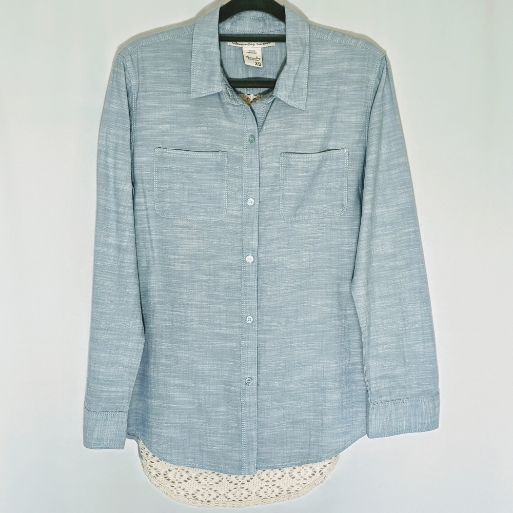 AMERICAN RAG Blue Button Down Shirt with Crochet